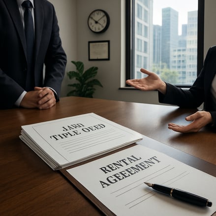 The image depicts a formal office setting with a large wooden desk positioned in the center On the desk lies a stack of legal documents featuring a pr